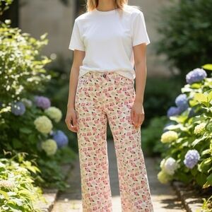 Anniewear Denim Floral Print Wide Leg Women's Pants